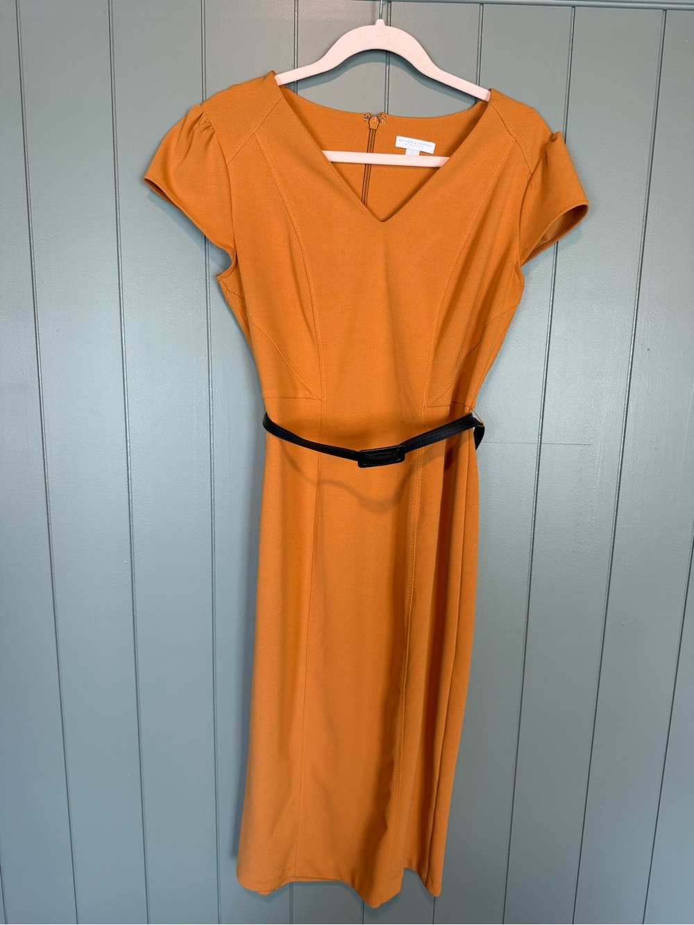 Mustard Cap-Sleeve Sheath Dress with Belt
